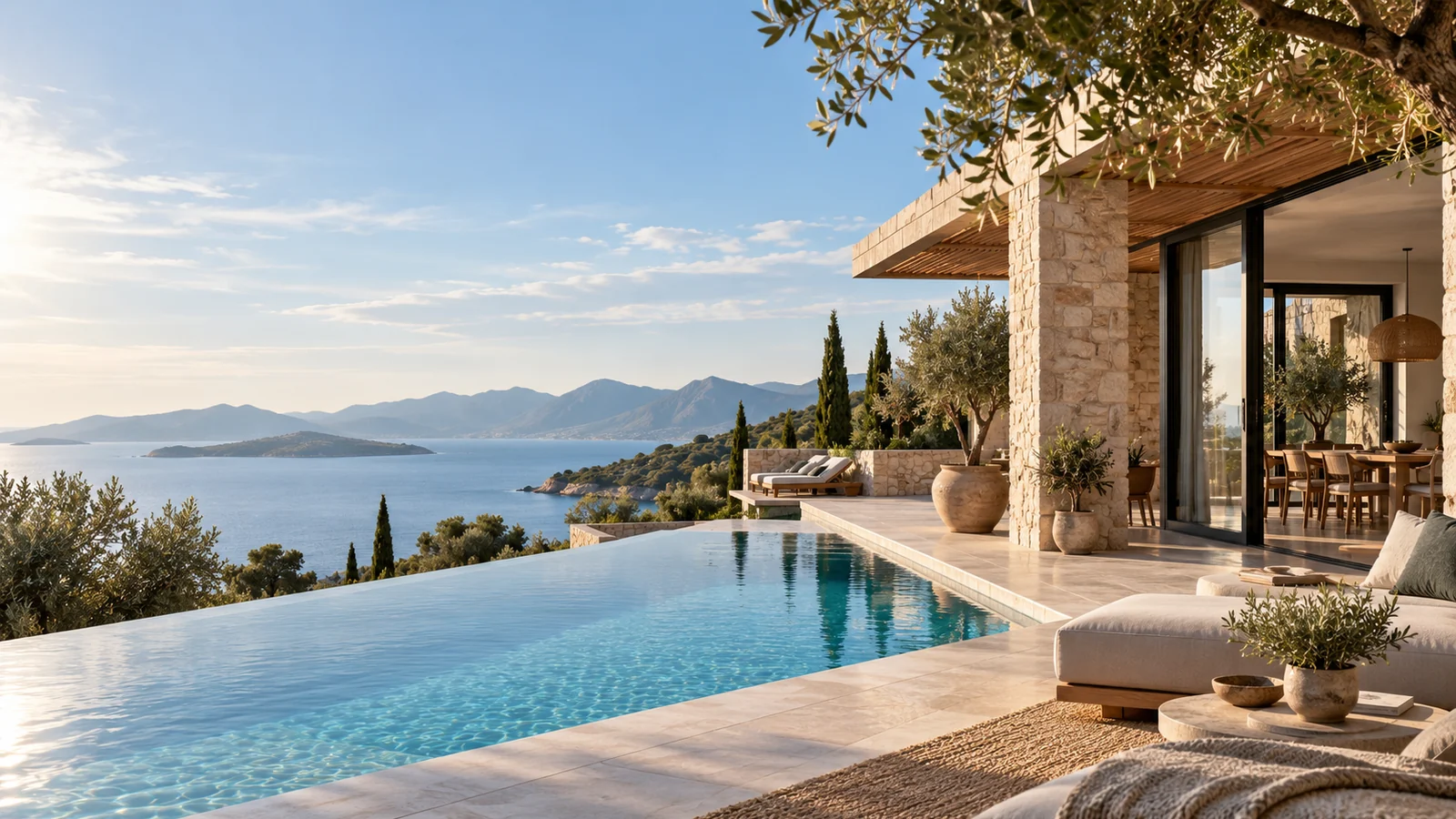 Villa terrace and infinity pool overlooking the sea at sunset