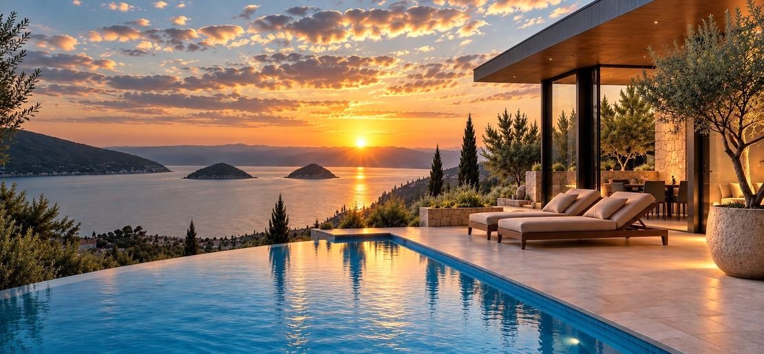 Villa terrace and infinity pool overlooking the sea at sunset
